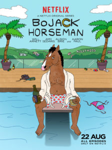 Das Bild ist das Plakat zur Serie Bojack Horseman. Im Zentrum sitzt die Hauptfigur, das anthropomorphe Pferd Bojack Horseman mit einer Bierflasche in der Hand auf einem Sprungbrett. Unter ihm befindet sich ein Swimmingpool, in dem ein Bikinioberteil schwimmt und über seinem Kopf der Titel der Serie. Das ‚C’ in Bojack ist durch ein Hufeisen ersetzt. 