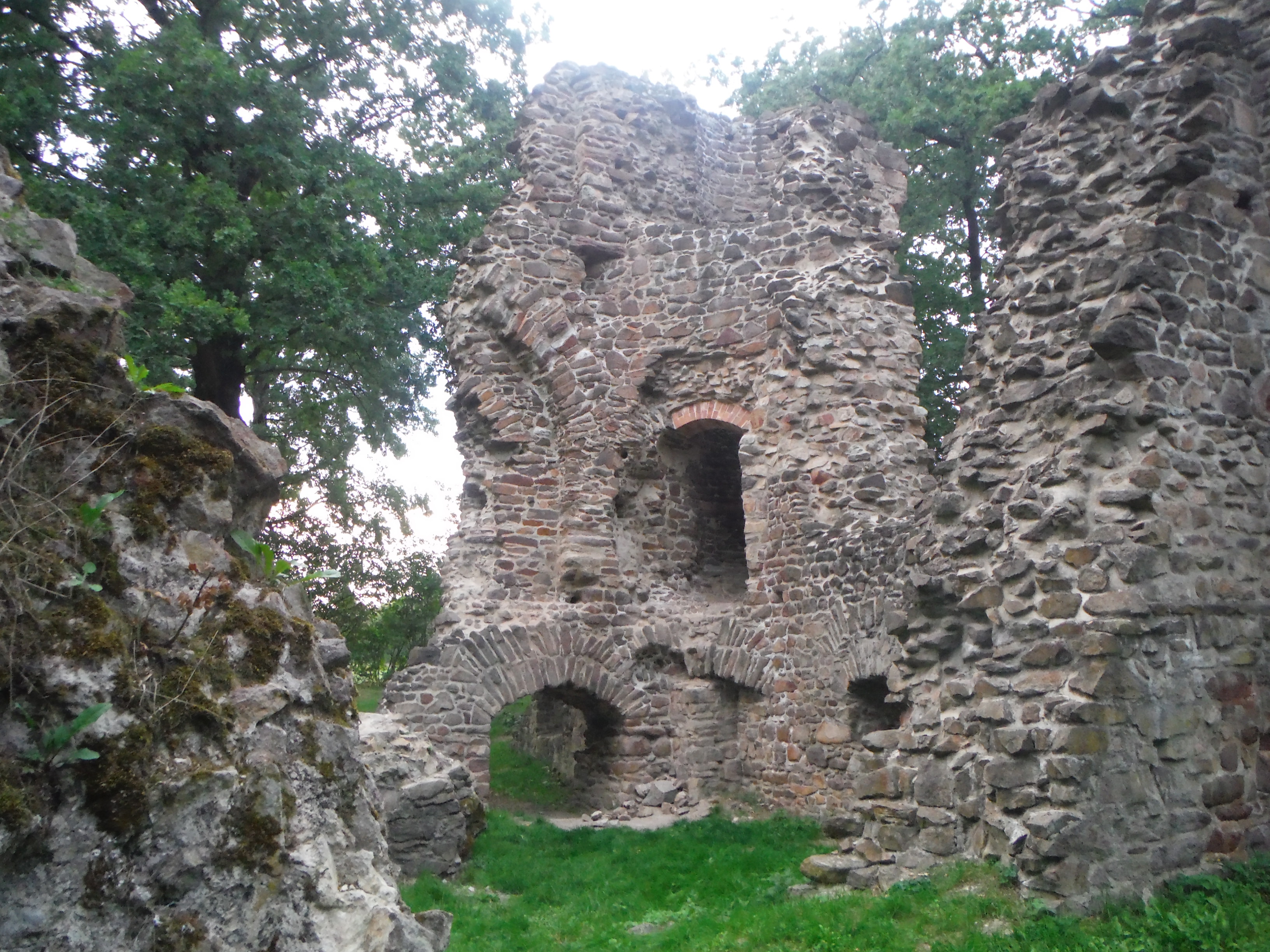 In der Mitte ist ein Teil einer Ruine mit Fenstern und einem kleinen Torbogen zu sehen, links und rechts befinden sich kleinere Mauerreste. Die Ruine ist von Gras und Bäumen umgeben.