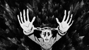 Eine Schwarz-Weiß-Zeichnung von einem Mann mit Handschellen, der hilfesuchend die Arme nach oben streckt. Der Hintergrund ist sehr dunkel, man sieht den Mann von oben, wodurch seine Hände sehr groß wirken.