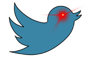 Der blaue Twittervogel hat ein rotes leuchtendes Auge.
