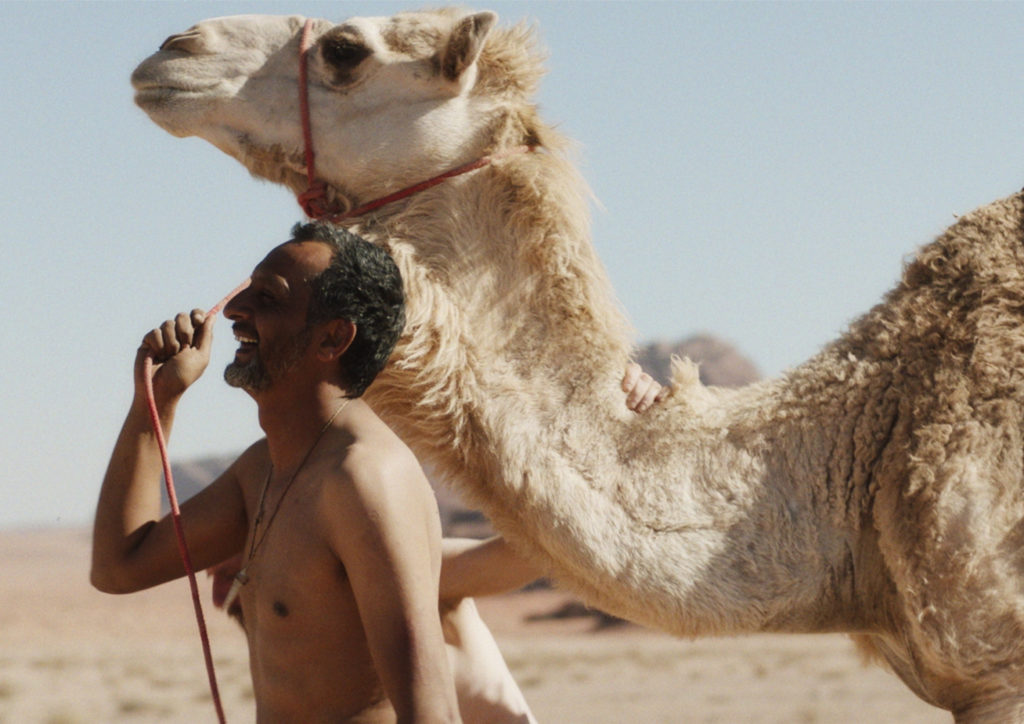 Im Bild ist Adel zu sehen, der von Hitham Omari dargestellt wird. Sein Oberkörper ist frei, er lächelt und führt ein weißes Dromedar durch die Wüste.